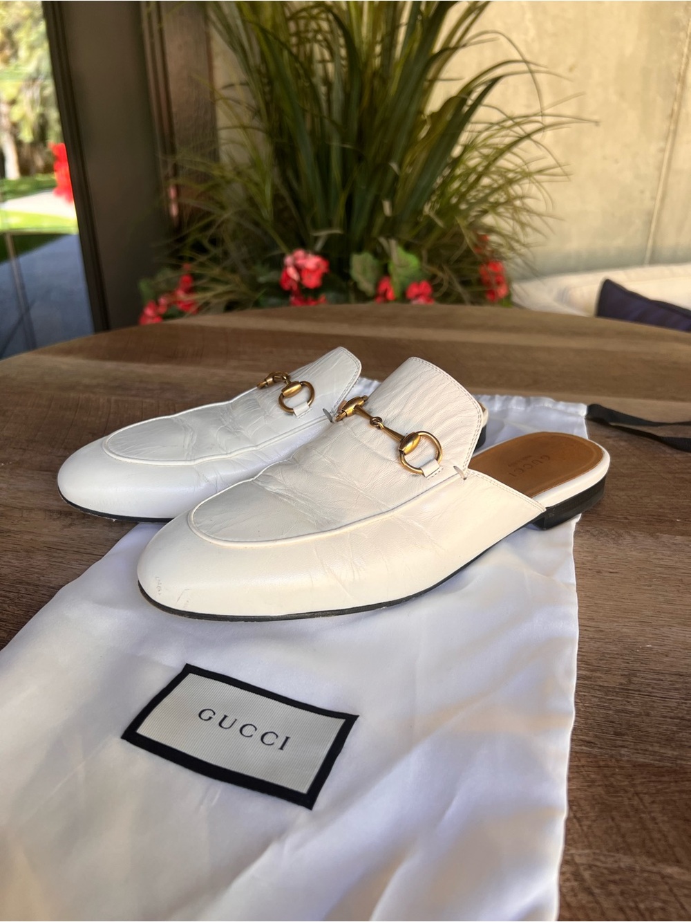 Gucci Princetown Ivory Leather Horsebit Mule Slip-Ons with Gold Hardware